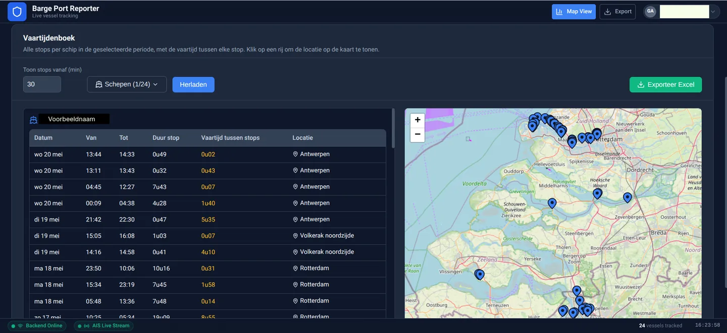 Vaartijdenboek met vaarperiodes en havenbezoeken per schip